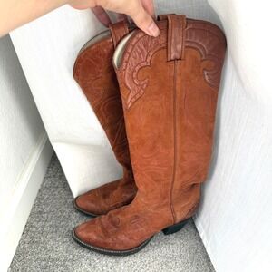 Vintage Larry Mahan Suede Western Cowboy Boots Women Tan Suede Leather 8